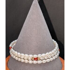 14K Gold Accent Carnelian Bead Cultured Freshwater Pearl Coiled Wire Bracelet